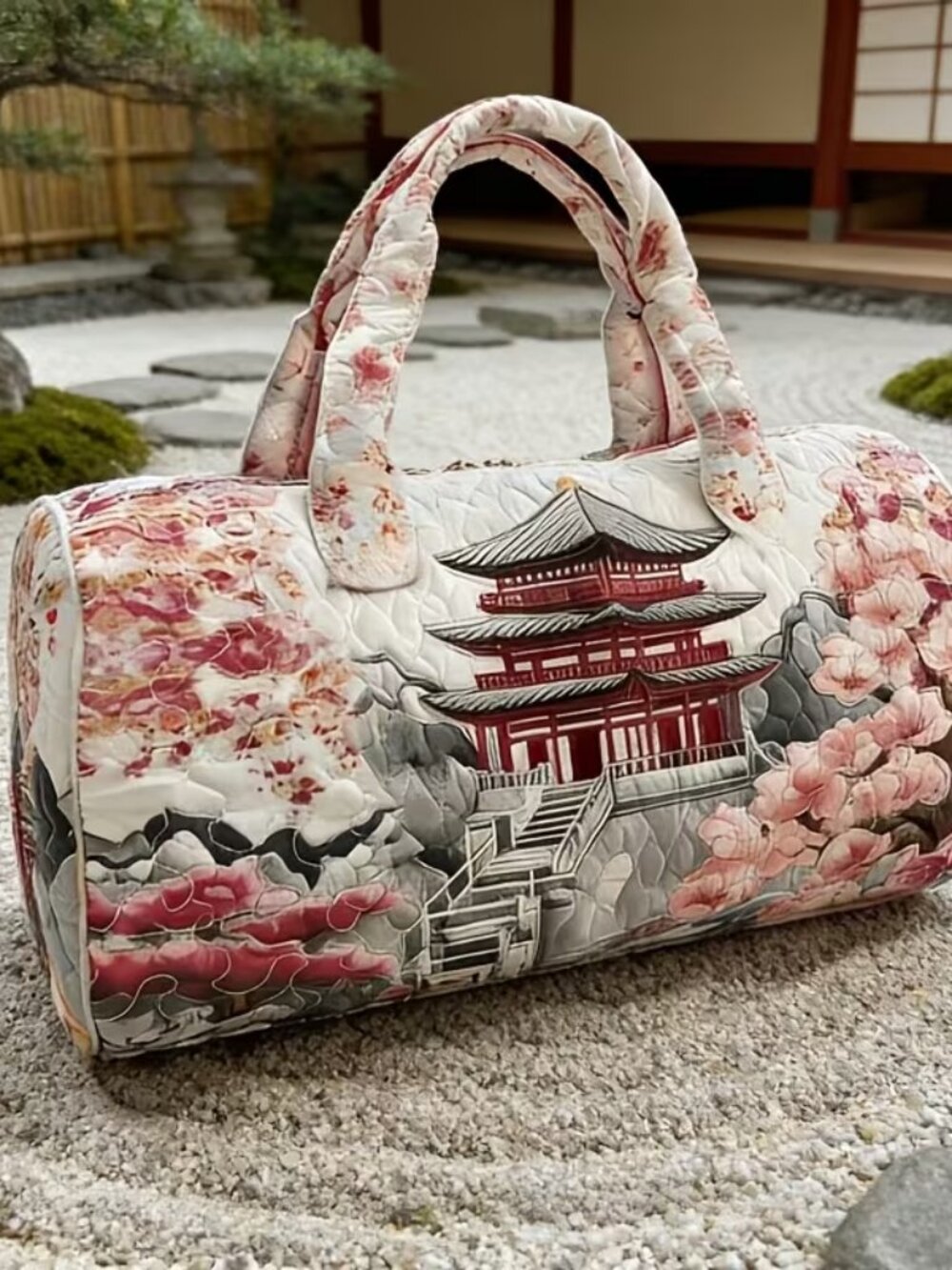 Cherry Blossom Pagoda Duffel Bag Soft Weekender Travel Gym Carryall Bag 16x8" - Picture 5 of 6